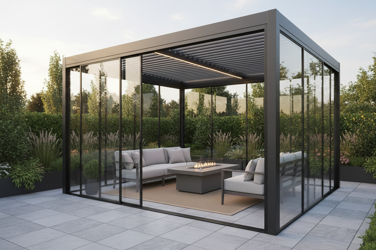 我需要一个 搭配玻璃推拉门的 Louvre百叶凉亭